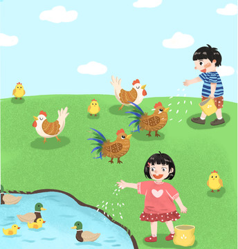 農(nóng)場兒童喂雞