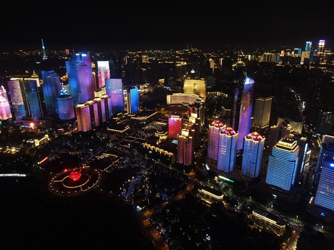 航拍青岛市滨海夜景