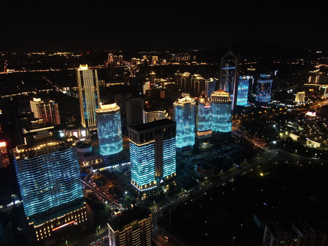 航拍青岛市滨海夜景