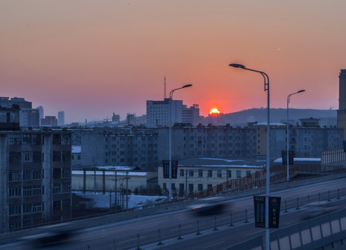 吉林市雾凇大桥夕阳