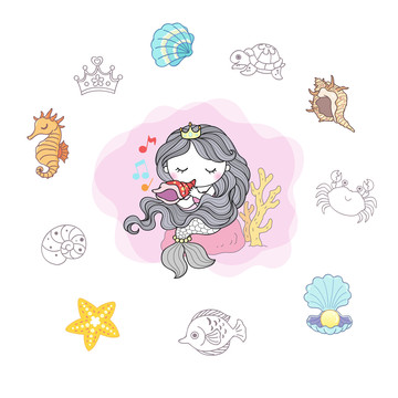 海底公主及生物插圖素材