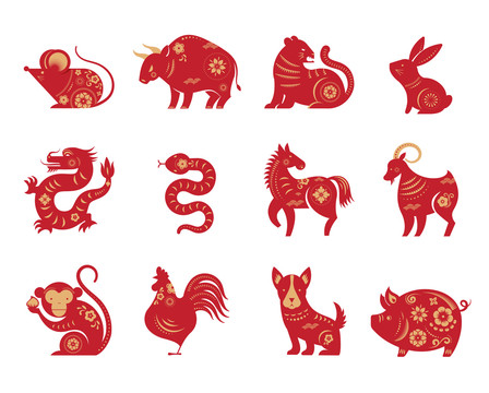 紅色華麗剪紙風(fēng)中國(guó)十二生肖集合