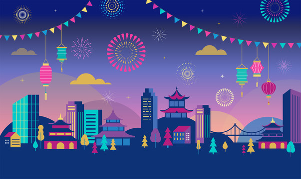 夜晚城市風(fēng)景煙花新年賀圖