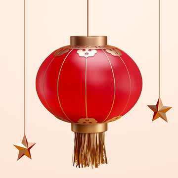 精致悬挂中国风红灯笼与星星装饰
