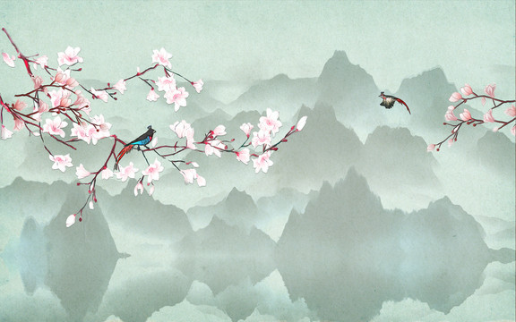 山水畫鳥壁畫