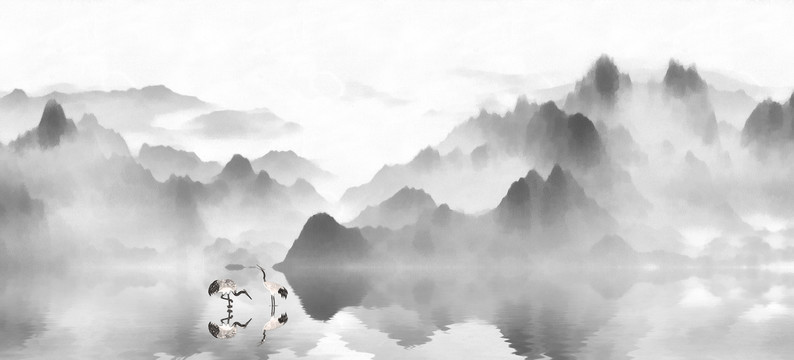 新中式山水白鹤
