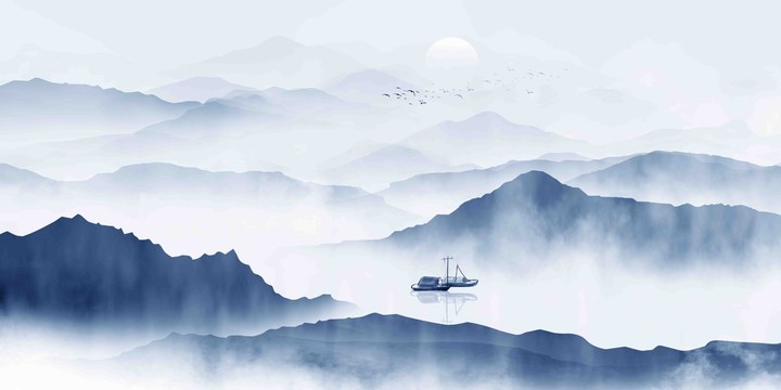 藍色水墨山水畫