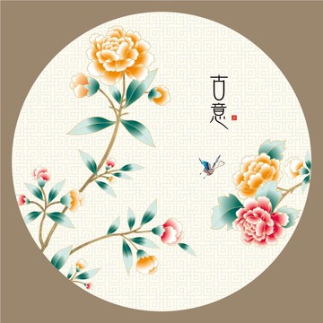 矢量花鳥彩蝶團(tuán)花可無限放大