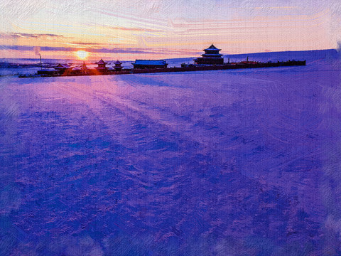 電腦裝飾畫雪原落日