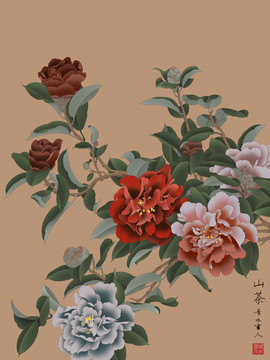 山茶花手繪工筆畫