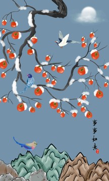 柿子花鳥背景壁畫
