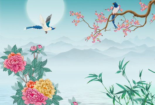 牡丹花鳥梅花