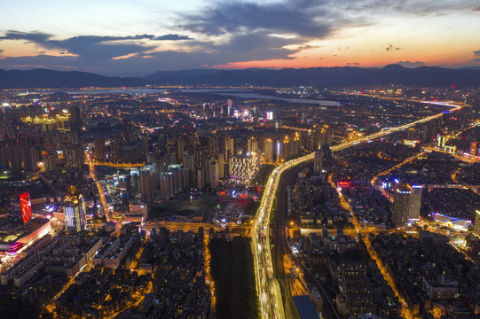 航拍云南昆明城市夜景