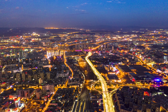 航拍云南昆明城市夜景