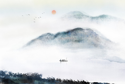 中國(guó)風(fēng)水墨意境山水畫