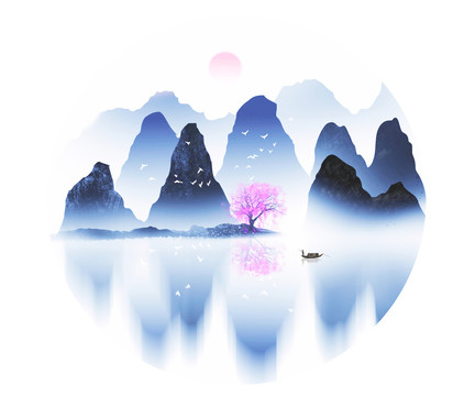 中國風圓形意境水墨山水畫