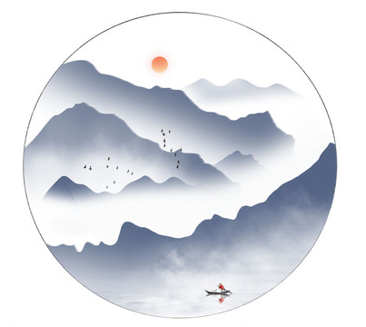 中國風圓形意境水墨山水畫