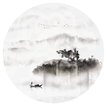 中国风圆形水墨意境山水画