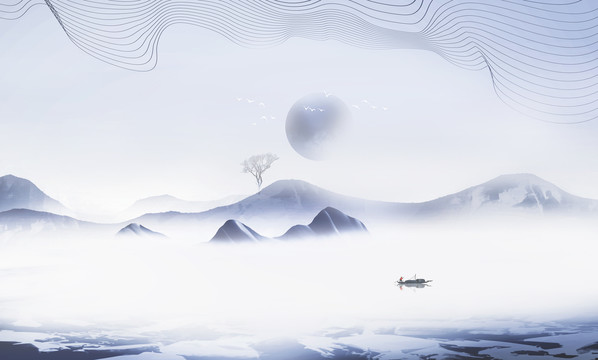 新中式意境水墨山水畫背景