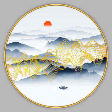 金色线条山水画