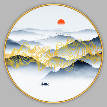金色線條山水畫
