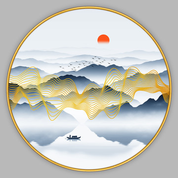 金色線條山水畫
