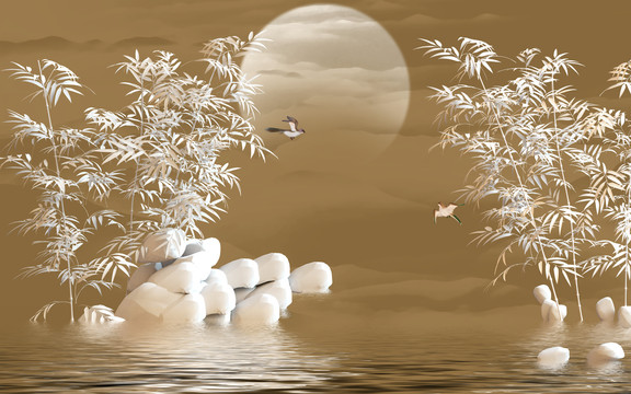 竹林石塘月夜水墨山水中式装饰画