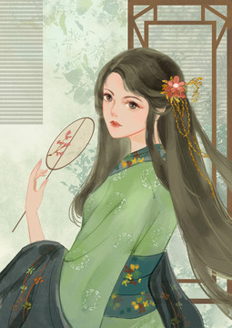 言情插畫(huà)古典美人執(zhí)扇少女