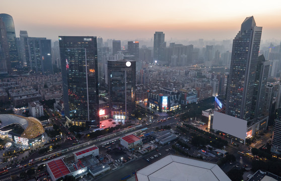 航拍广州城市建筑景观和黄昏暮色