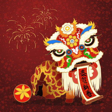 手繪卡通舞獅子原創(chuàng)插畫(huà)海報(bào)