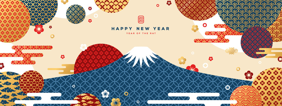 日本新年富士山橫幅 傳統(tǒng)花紋裝飾