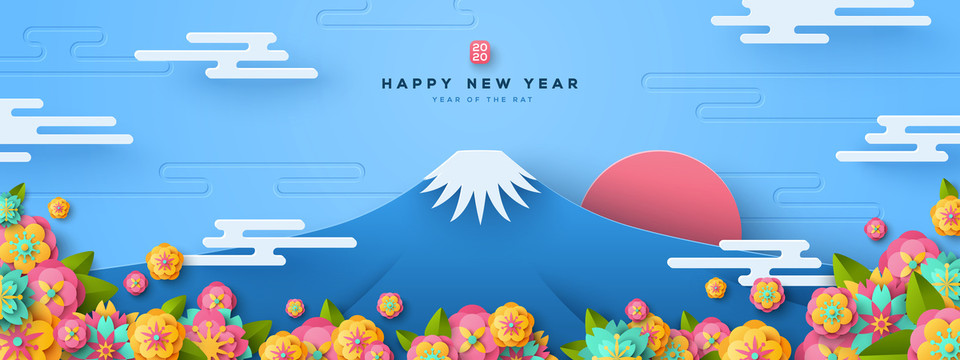 日本新年富士山剪紙風(fēng)橫幅
