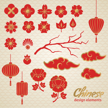 红色花朵祥云与灯笼元素 中国风集合