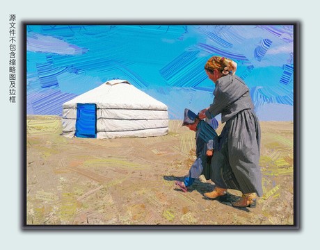 电脑装饰挂画草原蒙古人母子