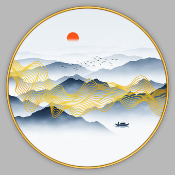 金色线条山水画