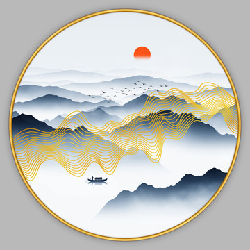 金色线条山水画