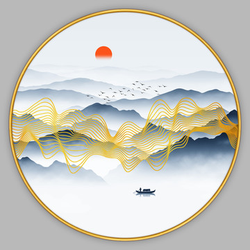 金色線條山水畫