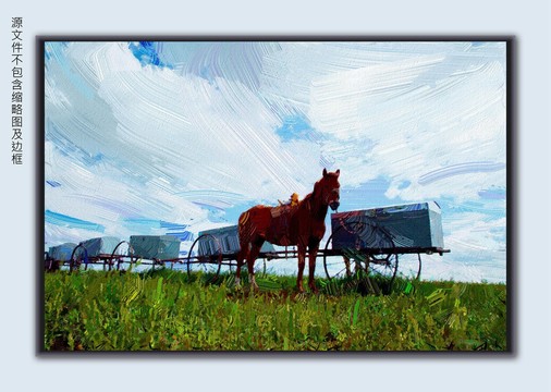 电脑装饰画草原勒勒车和马