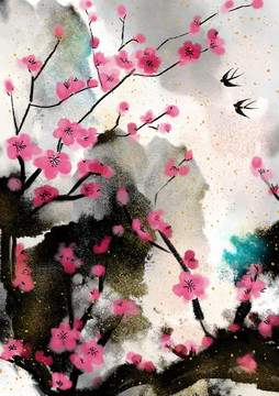 新中式抽象山水花鸟喷金装饰画