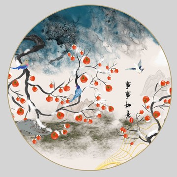 工筆柿子花鳥畫