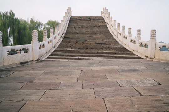 北京颐和园古代石拱桥的彩色照片