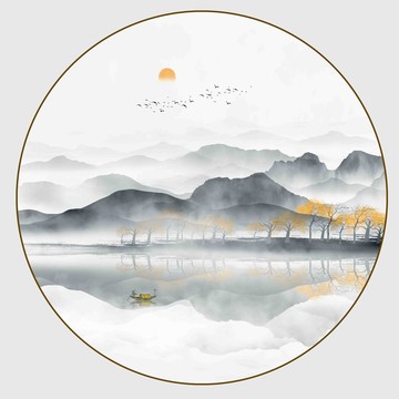 圓形水墨山水畫