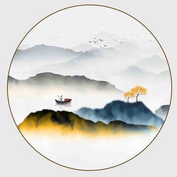 寫意圓形水墨山水裝飾掛畫