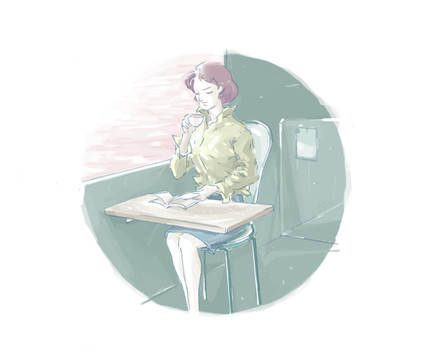 喝咖啡的女孩插畫莫蘭迪色