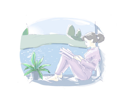 窗邊看書的女孩插畫素材