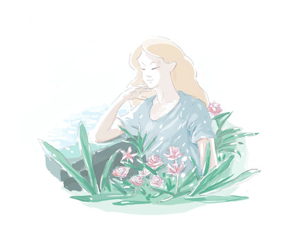 陽(yáng)花叢中的女孩插畫(huà)素材莫蘭迪色