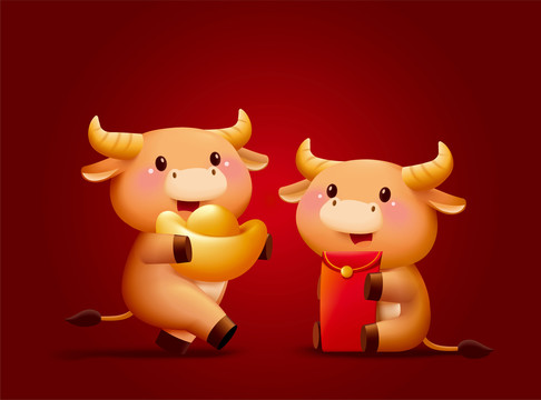 中国牛年手抱金元宝与红包插图