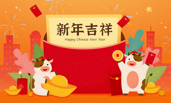 牛年吉祥可愛小牛與巨大紅包插圖