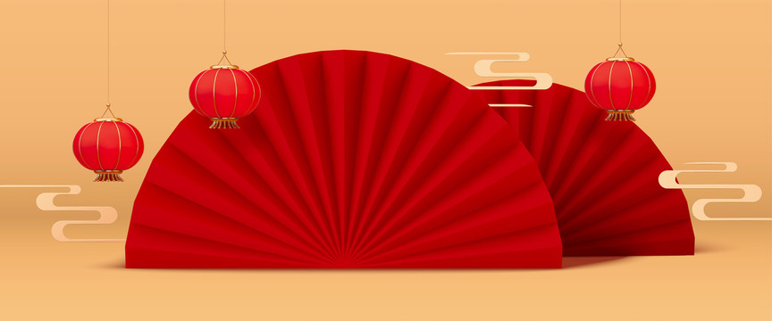 中國(guó)紙扇與燈籠橫幅背景