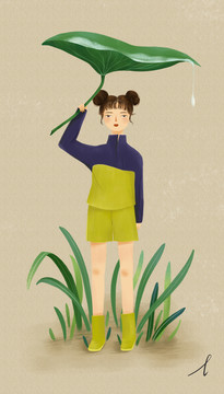 手繪小女孩插畫植物荷葉